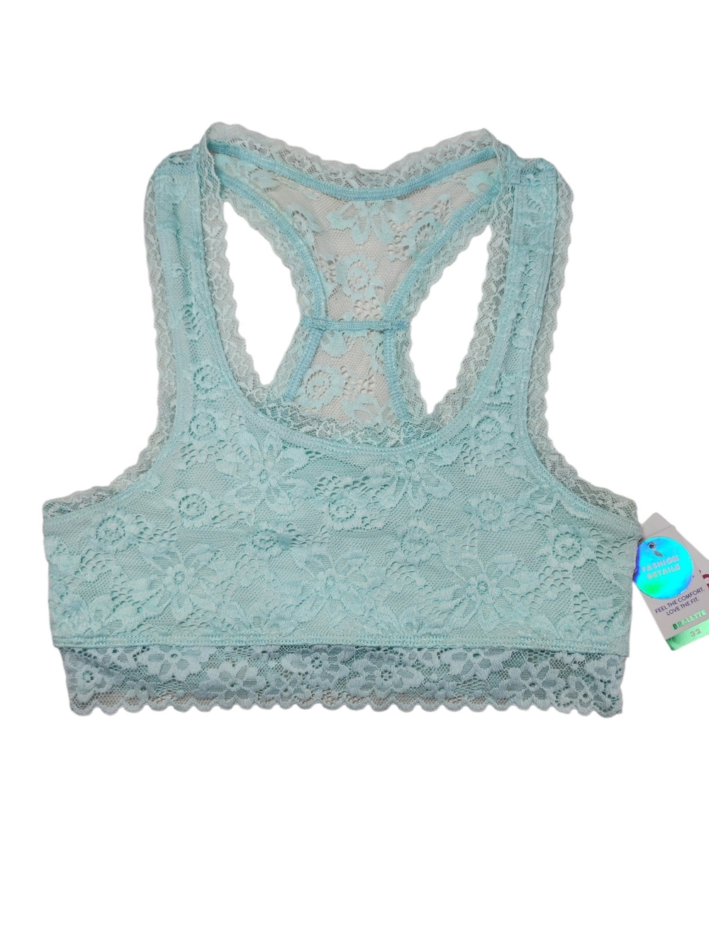 Justice Girls Lace Bralette Size 32 Aqua Blue Racerback Wireless NWT
